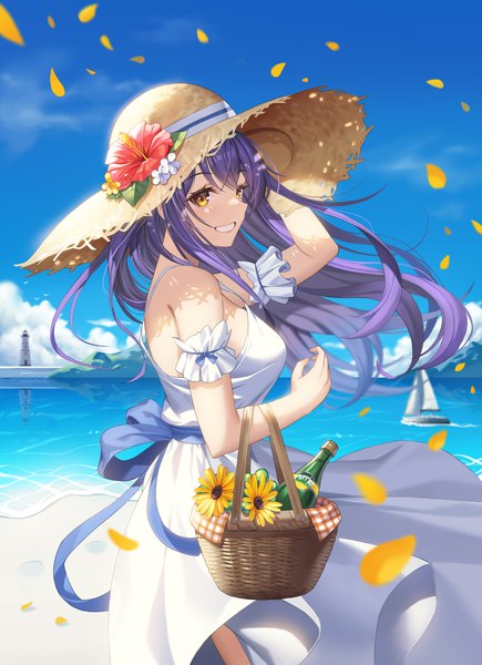 Anime picture 4232x5840 with original nolan single long hair tall image looking at viewer blush fringe highres breasts smile hair between eyes large breasts standing yellow eyes absurdres sky purple hair cloud (clouds) outdoors