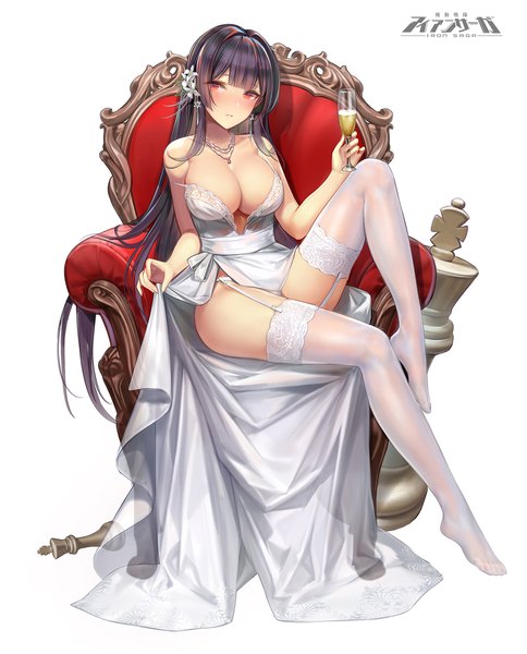 Anime picture 1549x1919 with iron saga elaine (iron saga) zjsstc single long hair tall image blush fringe breasts light erotic black hair simple background red eyes white background sitting bare shoulders holding looking away cleavage full body
