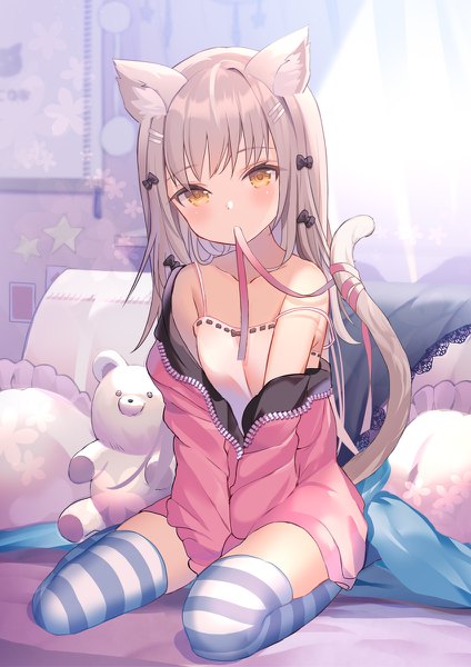 Anime picture 848x1200 with original rk (rktorinegi) single long hair tall image looking at viewer blush fringe sitting bare shoulders holding brown eyes animal ears full body indoors tail long sleeves head tilt animal tail grey hair