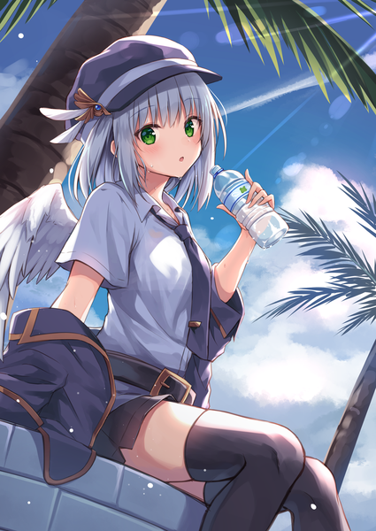 Anime picture 2508x3541 with original oshirase-chan (kure~pu) kure~pu single tall image looking at viewer blush fringe highres short hair breasts open mouth hair between eyes sitting holding green eyes sky cloud (clouds) bent knee (knees) outdoors