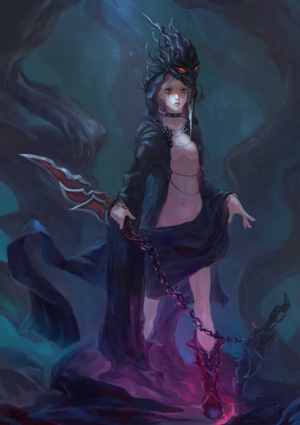 Anime picture 2480x3508 with league of legends nocturne (league of legends) 32106fu single long hair tall image highres breasts light erotic red eyes silver hair lips no bra girl weapon chain collar