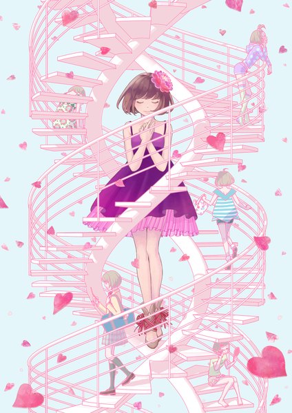 Anime picture 1446x2046 with original yuhei tall image fringe short hair blonde hair simple background white background sitting hair flower walking dress skirt hair ornament flower (flowers) socks shoes shorts heart bag