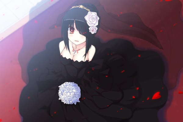 Anime picture 1800x1200 with date a live tokisaki kurumi uiu fringe highres short hair breasts light erotic black hair red eyes hair over one eye alternate hairstyle hair up girl dress gloves flower (flowers) petals elbow gloves bouquet