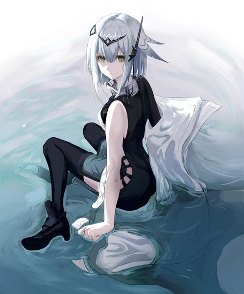 Anime picture 4499x5415 with arknights greythroat (arknights) mackia single tall image looking at viewer fringe highres short hair hair between eyes sitting green eyes absurdres silver hair full body from above partially submerged girl thighhighs dress