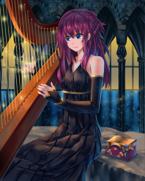 Anime picture 1200x1500 with original tsubasa19900920 single long hair tall image blue eyes sitting purple hair light smile lips happy playing instrument girl dress earrings black dress musical instrument arch casket