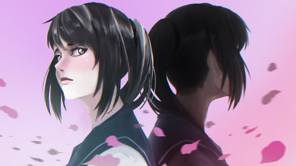 Anime picture 6214x3495 with yandere simulator yandere-chan shyua long hair blush fringe highres black hair simple background wide image multiple girls brown eyes looking away absurdres ponytail lips gradient background cherry blossoms portrait pink background