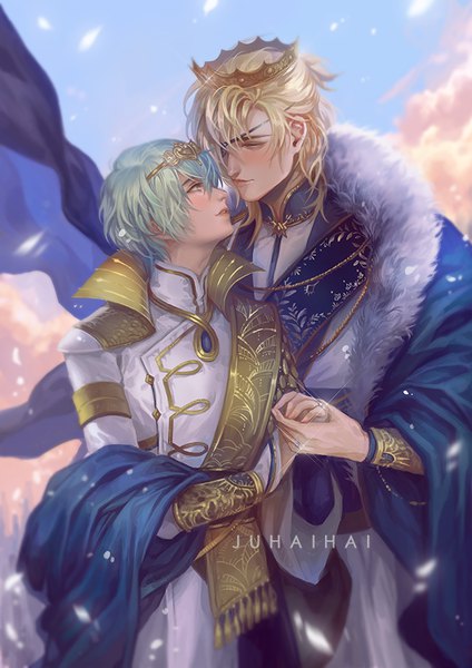 Anime picture 636x900 with fire emblem fire emblem: three houses nintendo byleth (fire emblem) dimitri alexandre blaiddyd byleth (male) (fire emblem) juhaihai tall image blush fringe short hair blonde hair hair between eyes standing signed outdoors parted lips profile green hair hair over one eye