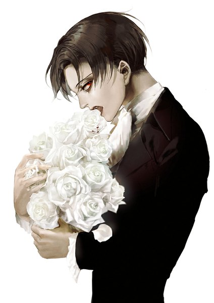 Anime picture 800x1133 with shingeki no kyojin production i.g levi (rivaille) par single tall image looking at viewer short hair open mouth simple background red eyes brown hair white background profile teeth boy flower (flowers) rose (roses) suit bouquet