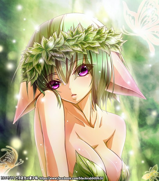 Anime picture 875x1000 with dota 2 (game) enchantress (dota 2) blackrabbit0626 single tall image looking at viewer blush short hair breasts open mouth light erotic large breasts purple eyes bare shoulders cleavage green hair girl insect butterfly wreath