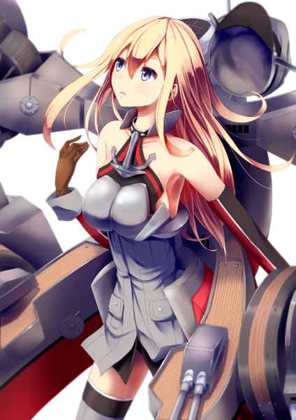 Anime picture 849x1200 with kantai collection bismarck battleship konkito single long hair tall image blush breasts blue eyes light erotic blonde hair white background bare shoulders girl gloves elbow gloves anchor