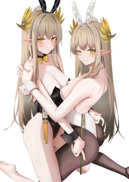 Anime picture 4370x6142 with arknights muelsyse (arknights) ru zhai long hair tall image looking at viewer blush fringe highres breasts light erotic simple background smile brown hair large breasts white background multiple girls holding animal ears yellow eyes