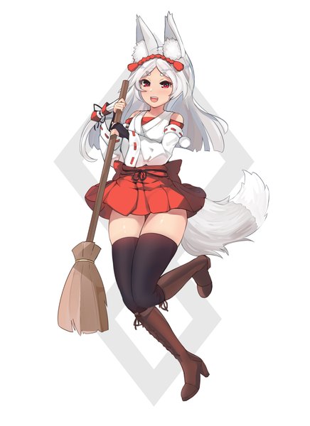 Anime picture 2107x2899 with original ehrrr single long hair tall image looking at viewer highres open mouth light erotic simple background smile red eyes standing white background animal ears silver hair full body tail traditional clothes japanese clothes