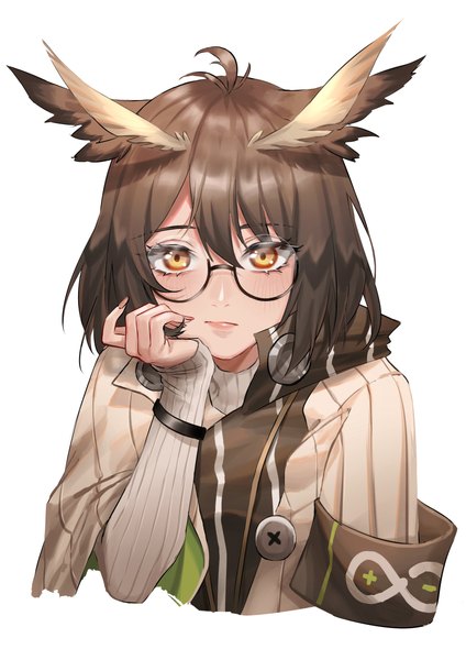 Anime picture 900x1273 with arknights silence (arknights) expulse single tall image looking at viewer blush fringe short hair simple background hair between eyes brown hair white background animal ears upper body ahoge long sleeves nail polish fingernails orange eyes