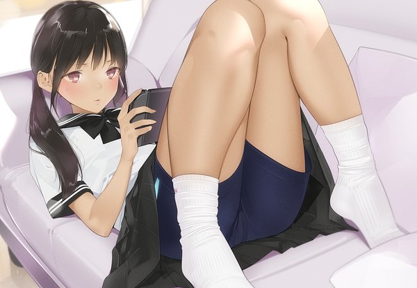 Anime picture 1100x760 with original nintendo ama mitsuki single long hair blush fringe light erotic black hair twintails holding brown eyes signed bent knee (knees) lying pleated skirt on back no shoes twitter username low twintails