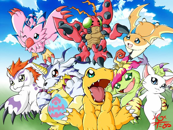 Anime picture 1600x1200 with digimon digimon adventure agumon tailmon palmon tentomon biyomon gomamon patamon gabumon rakutanu open mouth sky cloud (clouds) outdoors horn (horns) teeth fang (fangs) group no people