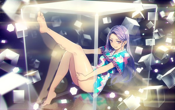 Anime picture 1600x1007 with original yohan12 single long hair looking at viewer light erotic brown eyes purple hair barefoot light smile bare legs legs girl dress cube