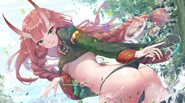 Anime picture 3840x2160 with original maoao single long hair looking at viewer blush fringe highres breasts light erotic smile brown hair wide image standing green eyes absurdres outdoors ass blunt bangs braid (braids)
