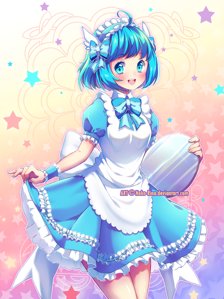 Anime picture 675x900 with original neko-rina single tall image looking at viewer blush fringe short hair open mouth blue eyes smile standing holding signed blue hair ahoge inscription bare legs maid puffy sleeves