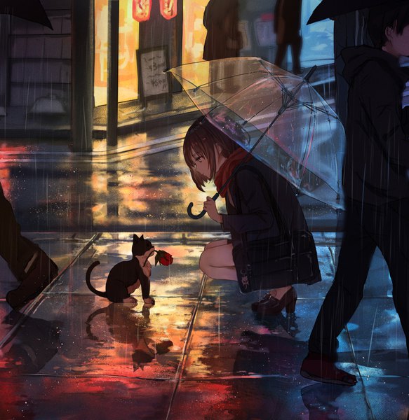 Anime picture 1500x1543 with original catzz tall image blush fringe short hair hair between eyes brown hair holding brown eyes payot full body bent knee (knees) profile high heels looking down reflection solo focus rain squat