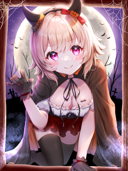 Anime picture 1485x1980 with umamusume curren chan (umamusume) toki (toki ship8) single tall image looking at viewer blush short hair breasts light erotic blonde hair smile purple eyes cleavage fang (fangs) halloween on all fours girl thighhighs gloves