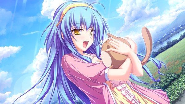 Anime picture 1920x1080 with maikaze no melt hiiragi tsukino tenmaso long hair highres open mouth wide image yellow eyes blue hair game cg girl dress