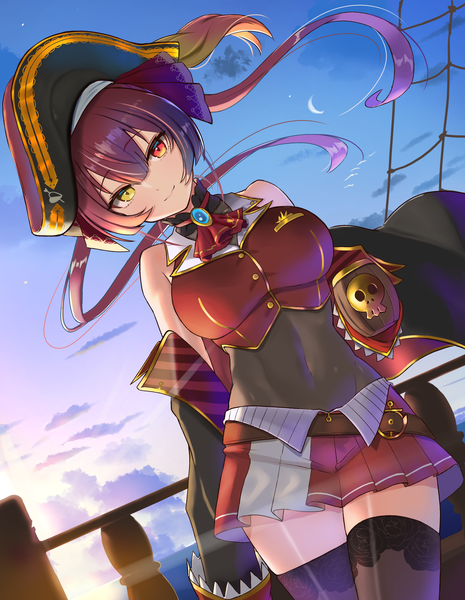 Anime picture 1484x1915 with virtual youtuber hololive houshou marine houshou marine (1st costume) inari (ambercrown) single long hair tall image looking at viewer fringe smile hair between eyes twintails sky cloud (clouds) red hair pleated skirt wind midriff heterochromia