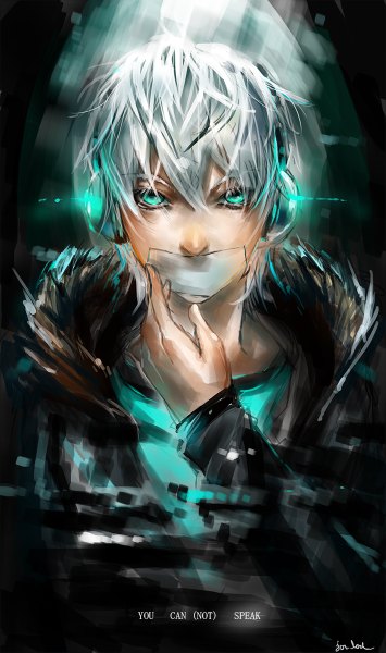 Anime picture 710x1200 with fisheye placebo frey (fisheye placebo) jon-lock (artist) single tall image looking at viewer fringe short hair signed silver hair aqua eyes inscription glowing glow boy jacket headphones fur hood