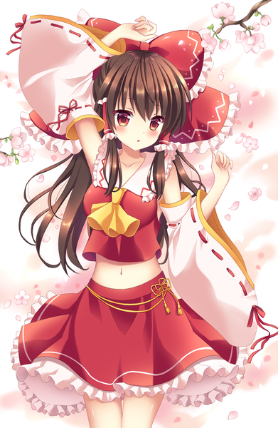 Anime picture 1000x1533 with touhou hakurei reimu mayo (miyusa) single long hair tall image blush red eyes brown hair looking away traditional clothes japanese clothes arm up :o midriff cherry blossoms nontraditional miko girl skirt navel