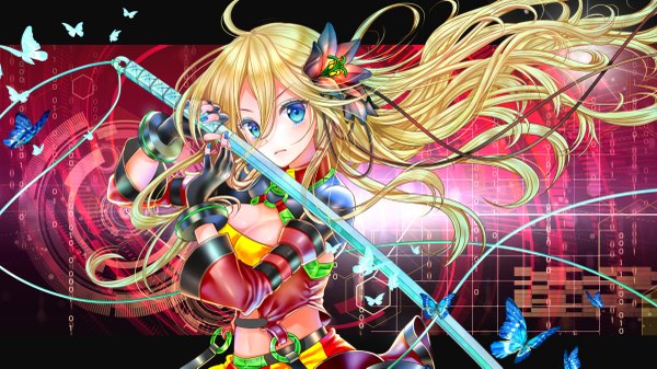 Anime picture 1200x675 with vocaloid lily (vocaloid) sakura moyon single long hair breasts blonde hair wide image holding nail polish hair flower bare belly girl skirt gloves navel hair ornament flower (flowers) weapon sword
