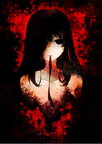 Anime picture 1500x2118 with original kanna (chaos966) single long hair tall image looking at viewer fringe black hair bare shoulders holding black eyes hair over one eye mouth hold ribbon in mouth girl