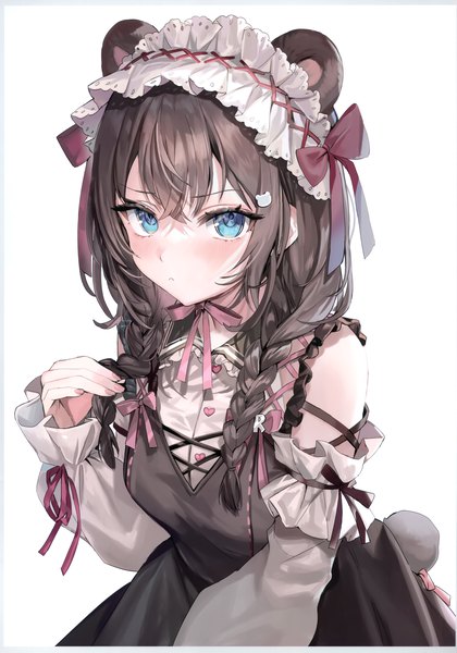 Anime picture 2435x3476 with original momoko (momopoco) single long hair tall image looking at viewer blush fringe highres blue eyes simple background brown hair standing white background animal ears tail braid (braids) animal tail scan twin braids