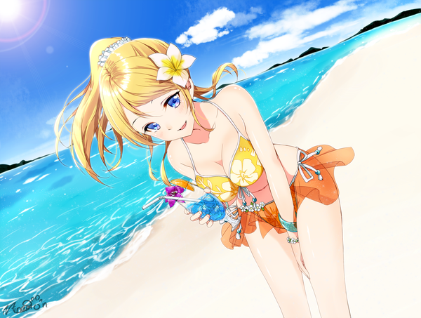 Anime picture 2181x1650 with love live! school idol project sunrise (studio) love live! ayase eli minamoto single long hair looking at viewer highres breasts blue eyes light erotic blonde hair signed sky cloud (clouds) ponytail hair flower leaning dutch angle