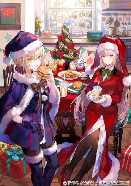 Anime picture 619x875 with fate (series) fate/grand order mcdonald's artoria pendragon (all) fou (fate) florence nightingale (fate) santa alter florence nightingale (santa) (fate) fuzichoco long hair tall image looking at viewer fringe short hair blonde hair hair between eyes red eyes multiple girls yellow eyes silver hair