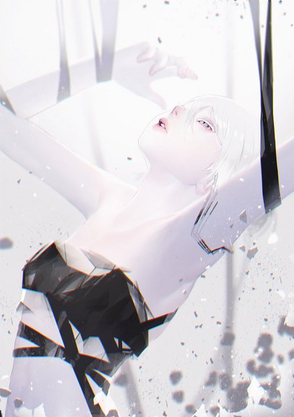 Anime picture 1200x1700 with original sumiobunnya single tall image fringe short hair blue eyes light erotic simple background hair between eyes bare shoulders upper body white hair parted lips profile lips arms up teeth bare belly sleeveless
