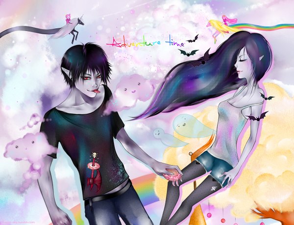 Anime picture 1300x1000 with adventure time marceline (adventure time) marshall lee (adventure time) princess bubblegum (adventure time) prince gumball (adventure time) lady rainicorn lord monochromicorn tagme (artist) long hair looking at viewer short hair black hair red eyes multiple girls blue hair pink hair sky purple hair cloud (clouds) eyes closed