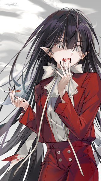 Anime picture 2126x3780 with original almic single long hair tall image looking at viewer fringe highres black hair simple background hair between eyes standing holding signed payot blunt bangs nail polish parted lips fingernails pointy ears