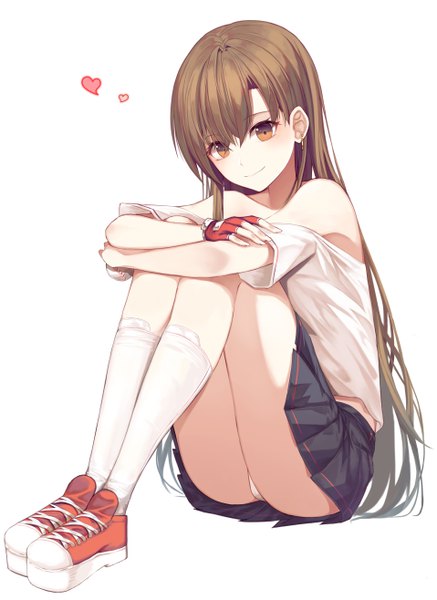 Anime picture 3832x5262 with original sugar (dndi888) single long hair tall image looking at viewer blush fringe highres light erotic simple background smile hair between eyes brown hair white background sitting bare shoulders holding brown eyes absurdres