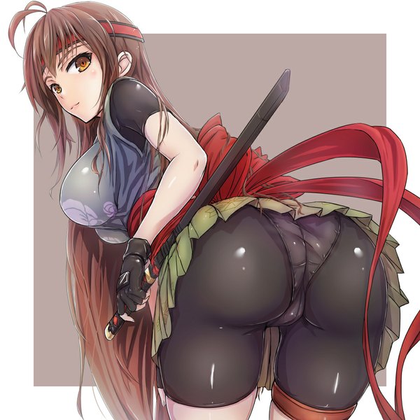 Anime picture 1000x1000 with original gendai kunoichi (tori@gununu) tori@gununu single long hair breasts light erotic brown hair large breasts brown eyes ass girl skirt gloves underwear panties weapon miniskirt sword belt