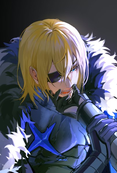 Anime picture 1181x1748 with fire emblem fire emblem: three houses nintendo byleth (fire emblem) dimitri alexandre blaiddyd shoumo725 tall image fringe short hair open mouth blue eyes simple background blonde hair hair between eyes looking away upper body black background saliva hand on another's face saliva trail