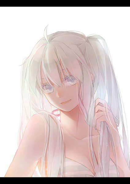 Anime picture 945x1336 with vocaloid hatsune miku momozi (mkingnight) single long hair tall image looking at viewer blush open mouth simple background smile twintails bare shoulders cleavage ahoge aqua eyes aqua hair portrait letterboxed girl