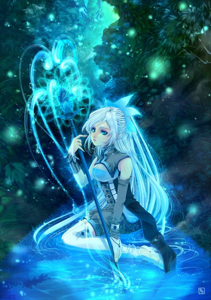 Anime picture 1200x1707 with original ao sunadokei (artist) single long hair tall image looking at viewer blue eyes sitting white hair ponytail magic girl plant (plants) detached sleeves water insect grass staff fireflies