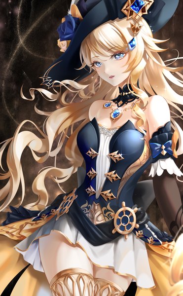 Anime picture 4000x6472 with genshin impact navia (genshin impact) kns hanazuna single long hair tall image highres blue eyes blonde hair looking away absurdres drill hair girl dress hat detached sleeves necklace