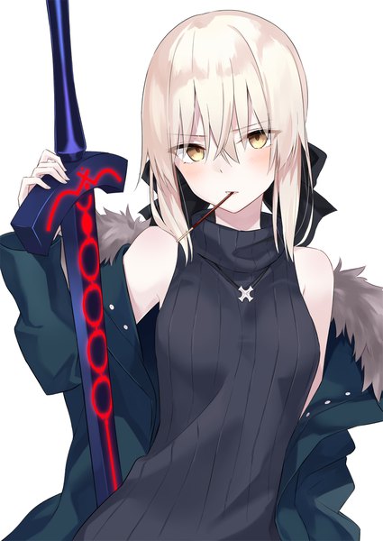 Anime picture 1000x1412 with fate (series) fate/stay night artoria pendragon (all) saber alter azuuru single tall image looking at viewer blush fringe short hair blonde hair simple background hair between eyes white background holding yellow eyes off shoulder fur trim mouth hold
