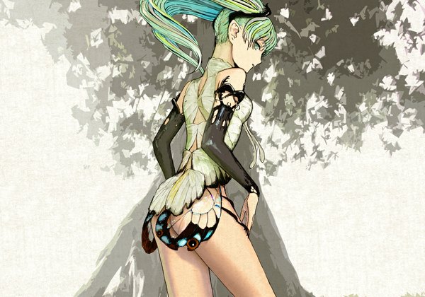 Anime picture 1008x706 with vocaloid hatsune miku furumi shouichi single long hair looking at viewer blue eyes light erotic twintails bare shoulders blue hair alternate costume back insect wings girl plant (plants) detached sleeves wings tree (trees) insect