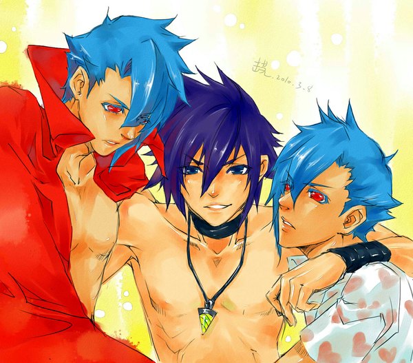 Anime picture 1000x879 with tengen toppa gurren lagann gainax simon kamina yoku (liuyc) looking at viewer short hair blue eyes smile red eyes blue hair multiple boys text yellow background shounen ai boy heart pendant cloak locket