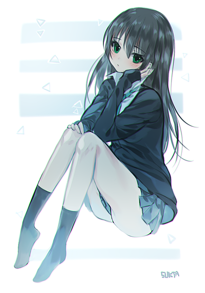 Anime picture 700x1000 with idolmaster idolmaster cinderella girls shibuya rin sorolp single long hair tall image blush fringe light erotic black hair sitting green eyes pleated skirt no shoes open collar hand on face girl skirt uniform