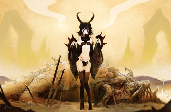 Anime picture 1280x842 with original asuka111 single blush short hair black hair red eyes bare shoulders horn (horns) tattoo torn clothes girl thighhighs weapon blood monster