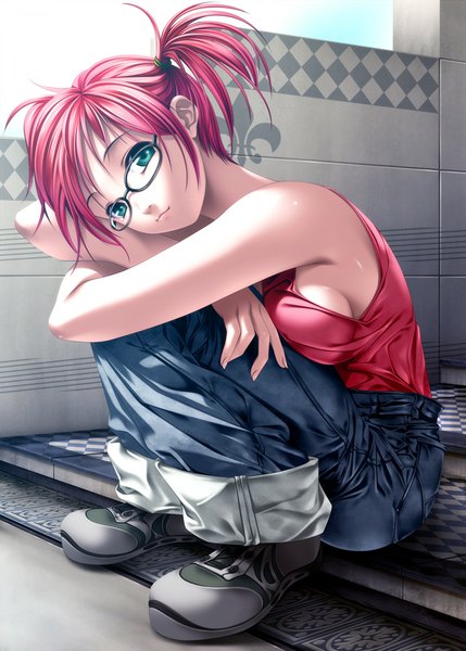 Anime picture 715x1000 with original rezi single tall image looking at viewer short hair light erotic green eyes red hair leg hug girl glasses jeans blue jeans