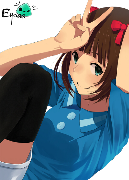 Anime picture 600x839 with idolmaster idolmaster (classic) amami haruka eysaa hangaku (araara0616) single tall image looking at viewer fringe short hair smile brown hair sitting green eyes signed from above victory transparent background rendered girl