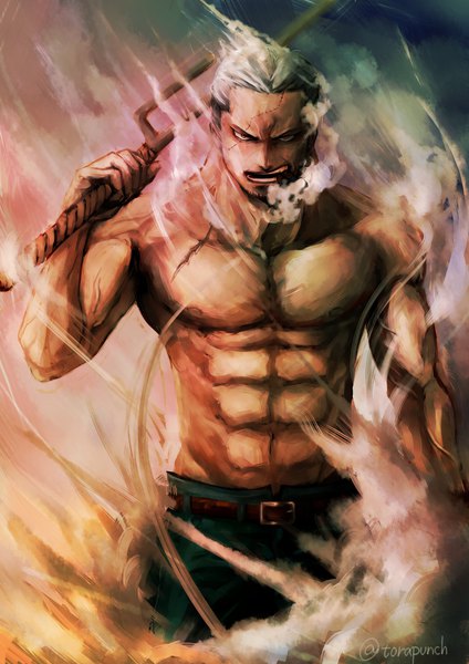 Anime picture 1536x2172 with one piece toei animation smoker (one piece) torapunch single tall image looking at viewer short hair standing holding brown eyes signed silver hair twitter username mouth hold scar topless smoke muscle smoking